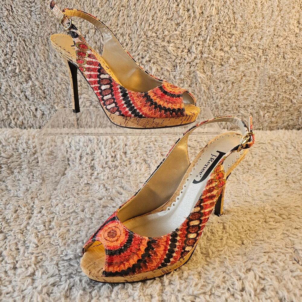J. Renee Sienna Womens Heels Shoe Sz 5.5 Strappy Peep Toe Sling Back Artsy Aztec